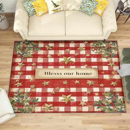 Moderner Kurzflor Flanell Teppich Wohnzimmer 160x230 cm, Karomuster Im Amerikanischen Landhausstil Waschbar & Rutschfest TPR Teppich Rot Extra Weichteppich für Schlafzimmer, Küche und Esszimmer