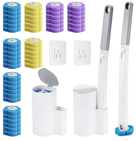 Hahorpa Escobilla Baño Desechable WC con 48 Recambios y 2 Mangos | Escobilla de Baño Montada en la Pared, Cepillo para Inodoro Desechable e Higiénico con Rellenos de Detergente