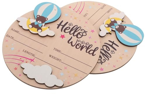 LOLIPPYY 2 Stück Holz Meilenstein Schild Hello World Rund Neugeborenen Geburtsanzeige Unisex Name Zeichen Babyzimmer Dekoration Vielseitige Foto Requisite für Monats Meilensteine