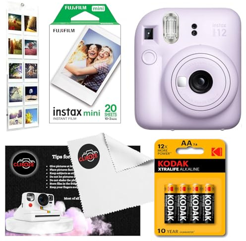 Instant Camera Bundle with Fujifilm Mini 12 Lilac Purple Camera, Fujifilm 20 Shot Mini Film, 4 x AA Batteries, Wall Album, Clikoze Lens Cloth and Instant Photography Tips Card
