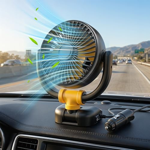 Fancysky Ventilador Coche, Ventilador 12v Silencioso, Ventilador Coche Mechero, Ventilador Portatil, 360°Giratorio Viento Fuerte, para SUV RV Barco Carro