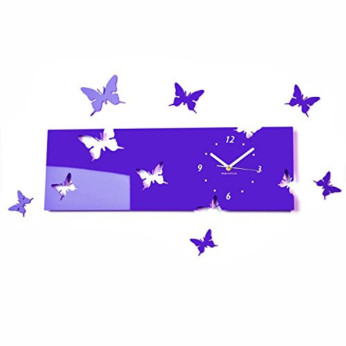 FLEXISTYLE Große Moderne Wanduhr Schmetterling lila (Heidelbeere) Querformat 20 x 60 cm, 3D DIY, Wohnzimmer, Schlafzimmer, Kinderzimmer