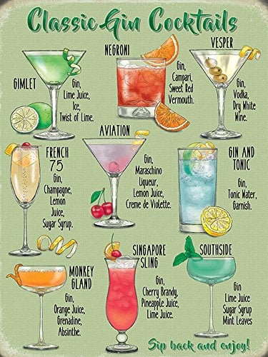Gin Cocktails - Metal Wall Sign (3 sizes - Small/Large and Jumbo) (Large 30cm x 40cm)