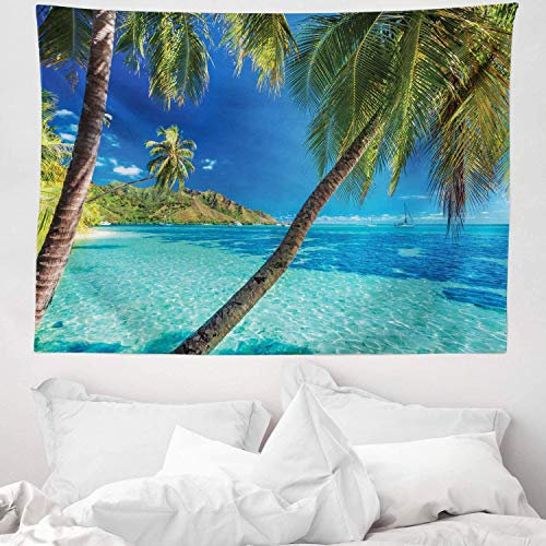 ABAKUHAUS Tropisch Wandteppich, Palmen, Meer, Strand aus Weiches Mikrofaser Stoff Waschbar ohne Verblassen Digitaldruck, 150 x 110 cm, Türkis Blau