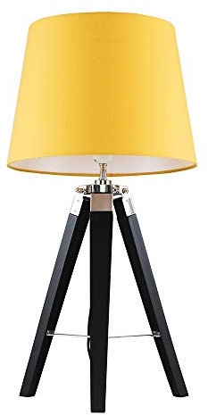 MiniSun | Black Wood and Silver Chrome Tripod Table Lamp with a Mustard Light Shade | Home Décor, Bedside & Desk Lamp | Includes Bulb [3000K Warm White]