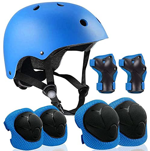 7 in 1 Schoner Set Kinder mit Helm für 3-8 Jahre, Einstellbar Protektoren Set Inliner Kinder mit Knieschoner Handgelenkschoner Ellenbogenschoner für Skate Skateboard Roller Radfahren (Blau)