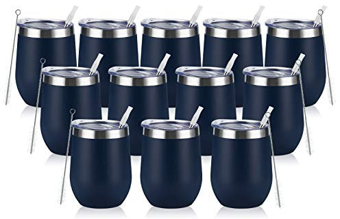 12 Pack Stainless Steel Wine Tumblers, 12Oz Double Wall Vacuum Insulated Wine Tumblers with Lids and Straws, Stainless Steel Stemless Wine Glasses for Coffee, Wine, Cocktails, Champaign, Navy Blue…