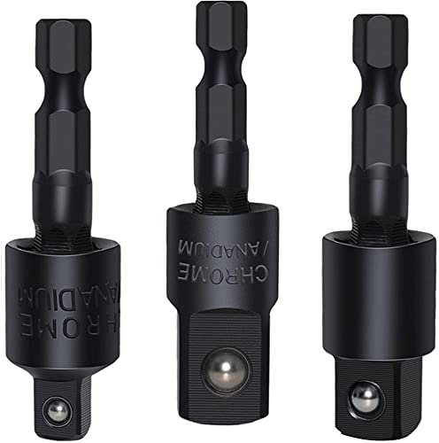 3 adaptadores de zócalo oscilante, vástago hexagonal de 1/4 a 1/4 3/8 1/2, unidades de zócalo cuadradas, 360° giratorio universal para taladro inalámbrico, extensión de trinquete