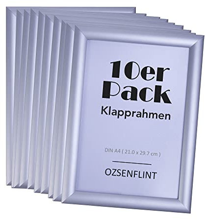 OZSENFLINT 10 Stück Klapprahmen DIN A4 (21x29,7 cm) Aluminium Silber - Höhenverstellbarer Plakatrahmen mit 25mm Gehrungsecken & Wechselsystem für Poster, Fotos 10er Sparpack