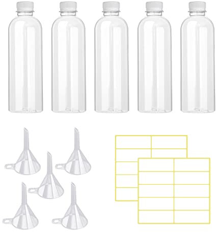 Lot de 5 flacons en plastique transparent de 100 ml, pour lotion, démaquillant, avec bouchon à vis, facile à transporter, avec 5 entonnoirs et 20 étiquettes.