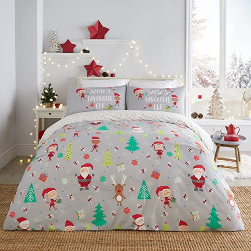 Fusion Christmas - Elf & Santa - Reversible Duvet Cover Set - Double Bed Size in Grey