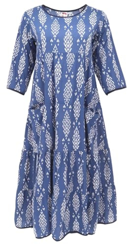 GURU SHOP Boho Sommerkleid, Bedrucktes Wadenlanges Kleid - Indigo, Damen, Size:M