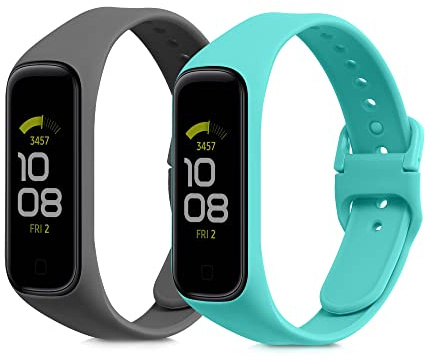 kwmobile Straps Compatible with Samsung Galaxy Fit 2 Straps - 2x Replacement Silicone Watch Bands - Smartwatch or Fitness Tracker - Dark Grey/Mint