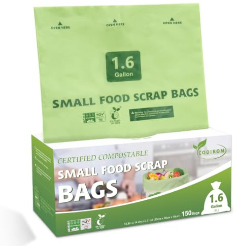 100% Compostable 1.6 Gallon Trash Bags, 6 Liter, 150 Count Kitchen Food Scrap Small Compost Bags for Countertop Bin with Europe EN13432 Certified