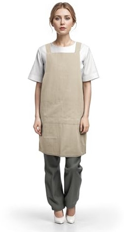 TOPTIE Delantal Cocina Mujer Camarera dos bolsillos Mandil Vestido Disfraz Delantal Cruzado Espalda Delantal Moderno Sirvienta Bar Huertana Jardinera Pintura Lino y Algodón