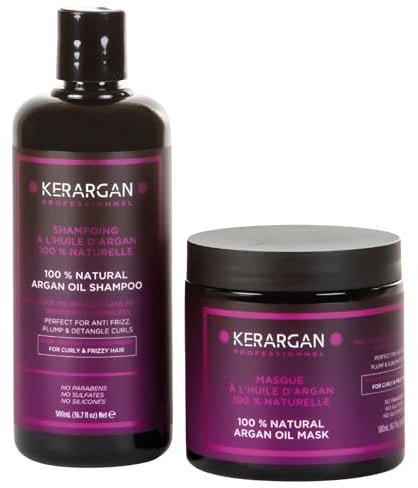 Kerargan - Disziplinierendes Duo Shampoo & Maske mit Arganöl für Ungezähmtes, Trockenes & Lockiges Haar - Bekämpft Frizz & Entwirrt - Ohne Sulfate, GMO, Silikon, Mineralöl - 2x500ml