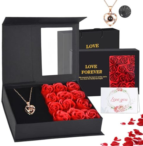 FullGen Preserved Rose, Eternal Rose Gift Box with I Love You Necklace in 100 Language for Her,12-Rose Jewelry Box Gift for Lover Valentine's Day,Anniversary, Mother's Day, Christmas