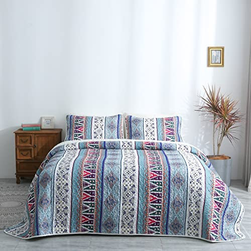 Lunoroey Bedapread gesteppte Tagesdecken für King-Size-Betten, Bohemian-Patchwork-Steppdecke, Bettüberwurf mit 2 Kissenbezügen, für alle Jahreszeiten, Blau