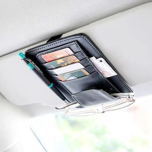 Amindz Auto Sun Visor Organizer, Auto GläSer Halter Clip ,Auto Sonnenblende Tasche ,Auto Interieur PU Leder Zubehör Aufbewahrungstasche - Schwarz