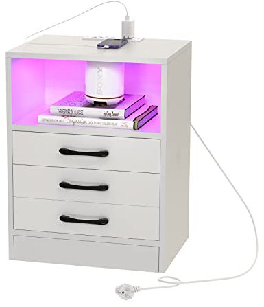 PIPIPOXER Nachttisch mit Steckdose & USB, Nachttisch Weiß, Nachtschrank Hochglanz Nachtkommode 3 Schubladen mit Led 16 Farben Beleuchtung Beistelltisch für Wohnzimmer, Schlafzimmer, 45x60x35 cm