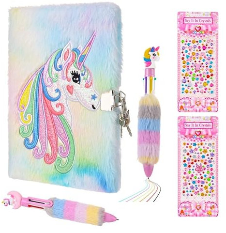 Heyu-Lotus Unicorn Gifts Secret Diary with Lock for Girls Plush Notebook with Unicorn 6-in-1 Ballpoint Pens Crystal Flower Stickers Birthday Gifts for Girls Children Journal Writing