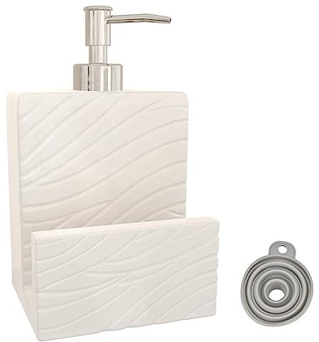 Karisky Soap Dispenser with Sponge Holder, Ceramic Dish Soap Dispenser for Kitchen Sink, 2 in 1 Liquid Hand Soap Dispenser with Funnel for Countertop, Bathroom, Matte White