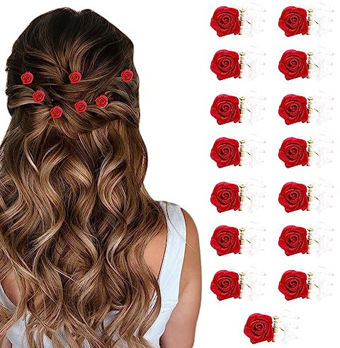VEGCOO Haarspangen mit Rosenblüten, 15 Stück Beige Rosenblüten Haarspangen Elegante kleine Blumen Haarspangen für Hochzeit Haarschmuck für Frauen und Mädchen (Rot)