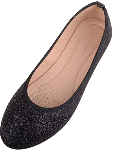 Womens Easy Slip On Diamante Party Smart Dolly Shoes Pumps - Black - UK 7 / EU 40