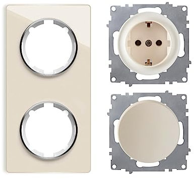 OneKeyElectro - Enchufe Schuko e interruptor de luz de encendido y apagado, empotrado, antihuellas mate, protección IP20, 230 V/16 A, redondo, con marco de cristal de 2 enchufes, vertical, color beige