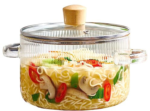 Olla de cristal con tapa, 1,6 l, vidrio de borosilicato resistente al calor, juego de cacerolas, paellera, olla a fuego lento con tapa, segura para sopa, leche, comida para bebés