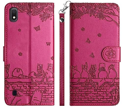 Aisenth Coque pour Samsung Galaxy A10/M10, Chats Papillon Motif Housse Case en Cuir Cover à Rabat, Anti-Choc Magnétique Portefeuille Étui de Protection avec Fentes pour Cartes, Violet Rouge