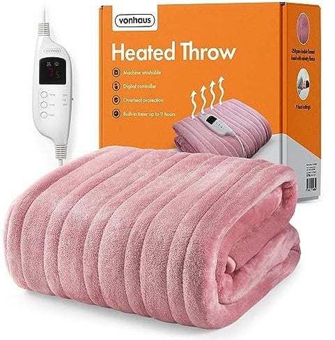 VonHaus Heated Throw Blanket – Electric Over Throw Fleece Blanket with Digital Control – Large Size 160 x 130cm, 9 Heat Settings, 9 Hour Timer, Safety Shut Off, Machine Washable, Soft Material – Pink