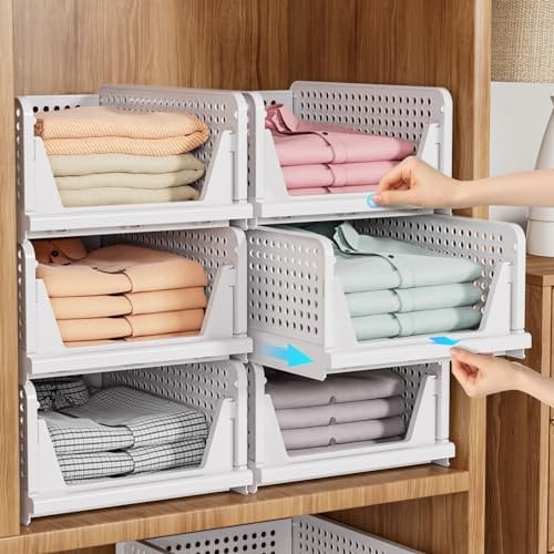 SNSLXH 5 Pack Wardrobe Storage Organiser, Stackable & Foldable Closet Organisers for Bedroom Bathroom Laundry Room Wardrobe Storage, Space-Saving Clothes Storage Drawer Organiser Basket, White