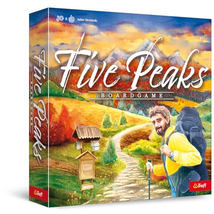 Trefl - Five Peaks -Familienbrettspiel zum Thema Bergwandern, Aktionskarten, Spielbrett Aufgebaut Während des Spiels, Schöne Abbildungen, für Erwachsene und Kinder ab 9 Jahren