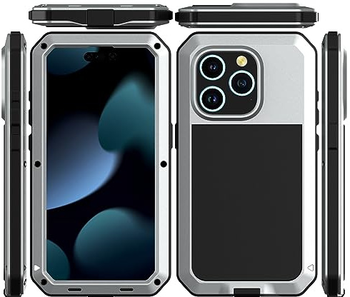 Amulent Case For iPhone 15 Pro Max Metal Case Silver Heavy Duty Gorilla Cover High Impact Shockproof Tough Protective Armor Defender Comfortable and Durable Mobile Phone Cover For iPhone 15 Pro Max