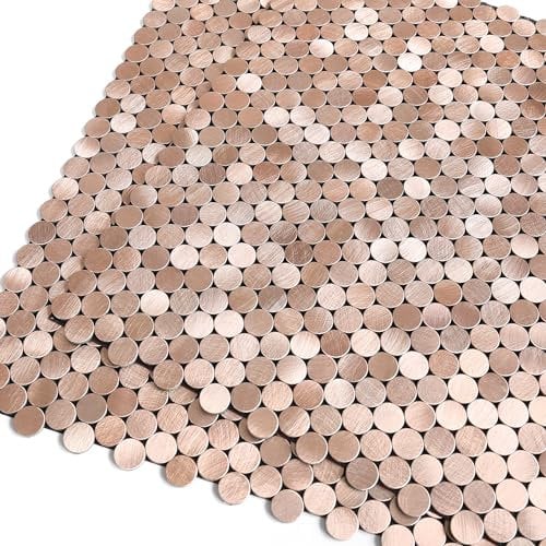 M MOFIT Small Penny Round Tiles Stickers Metal Self Adhesive Mosaic Wall, Stick-on Kitchen Splashback Bathroom Backsplash(10sheets,Rose Gold)