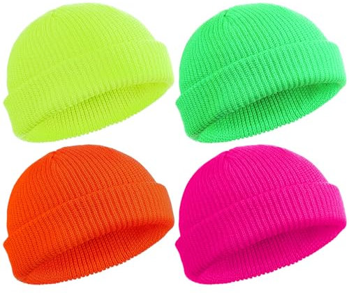 SATINIOR 4 Stück Trawler Beanie Watch Hat Roll Up Edge Skullcap Fisherman Beanie Unisex, Hellgelb, Hellgrün, Hellorange, Rosarot, Einheitsgröße