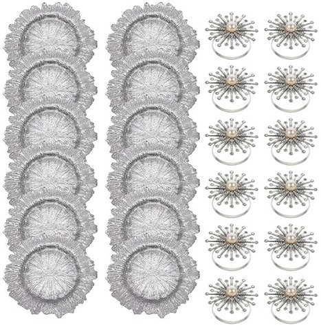 Trimming Shop 13 Inch Vintage Design Silver Glass Charger Plates with Pearl Diamante Napkin Rings – Perfect for Weddings, Dinner Parties, Events, Table Decorations – Pack of 12 Plates & Napkin Rings