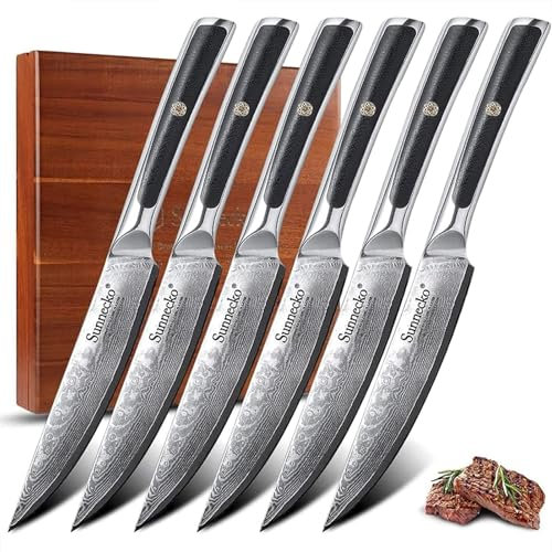 Sunnecko 6pcs Steakmesser Set Damaststahl Steakmesser Set - 13cm G10 Griff Steakbesteck Messer Scharf Glatte klinge,Damast Steak Messerset