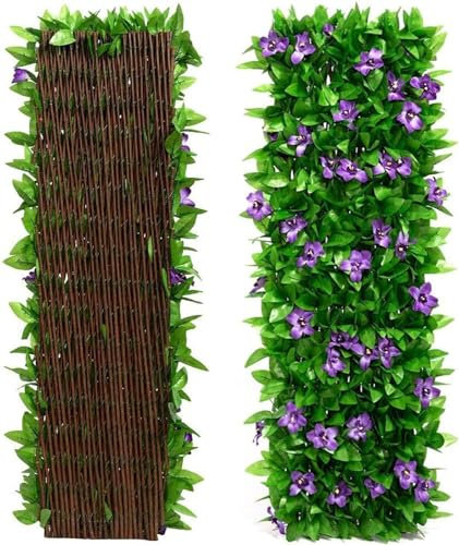 Aeutwekm Protección de setos Artificiales con Flores, Valla de privacidad de Hojas de Hiedra sintética expandible, Paneles de Enrejado de jardín con Hojas, protección de jardín para Valla, Patio