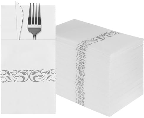DADAWU Weiße Dinner-Servietten, Tisch-Servietten, Leinen-Haptik, Einweg-Servietten mit integrierter Bestecktasche, goldene Papierservietten für Party, Hochzeit (Silber,50)