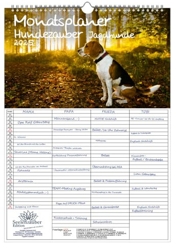 Hundezauber Jagdhunde Planer Familienplaner 4 Spaltenplaner DIN A3 Kalender für 2025 Hunde - Inhalt: 1x Kalender, 1x Weihnachtskarte (gesamt 2 Teile)