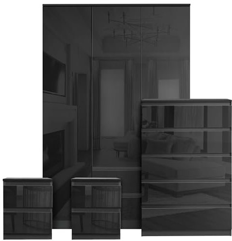 3 Piece Bedroom Furniture Set, High Gloss 3 Door 2 Drawers Wardrobe, 5 Storage Drawer Chest Of Drawers, 2x Bedside Cabinets Bedroom Furniture Storage Sets, Black