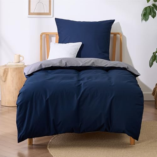 BEDSURE Bettwäsche 135x200 Baumwolle Blau Grau - Bettwäsche-Sets 135 x 200 cm Wendebettwäsche 2teilig mit Kissenbezug 80x80 cm, Oeko-TEX Zweifarbiger Bettbezug mit Reißverschluss