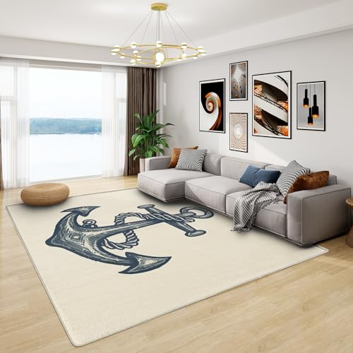 Teppich Maritim Klein - Teppich Wohnzimmer Schlafzimmer Anker, Kleiner Teppich Ankermotiv Nautisch, Weich Kurzflor & Waschbar & rutschfest Fussmatte Innen, Kinderteppich 80x150 cm