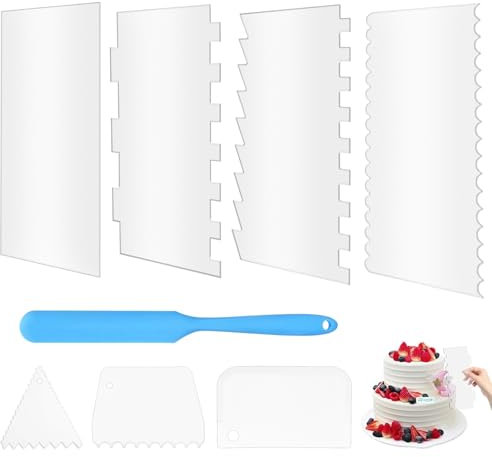 Klares Kuchen Creme Spachtel Set, 8 Stück Streifenrand Torten Schaber, Torten Zuckerguss Dekorieren Kamm, Kuchenschaber Werkzeug mit Blue Silikon-Schaber, Buttercreme Teigschaberkarte für Küche Backen