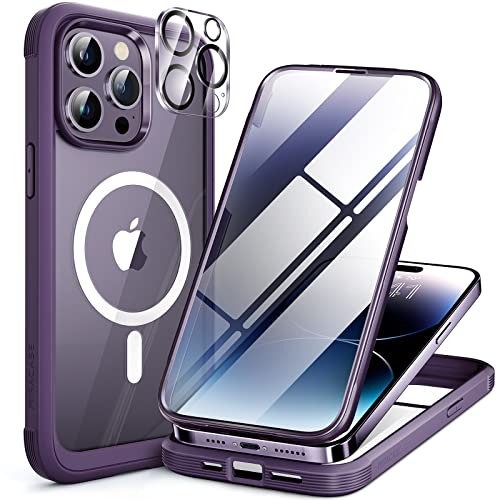 Miracase Magnetic for iPhone 14 Pro Max Case 6.7 Inch, Full Body Rubber Bumper Compatible with Magsafe,[Bubble-free] Built-in 9H Tempered Glass Screen Protector+ Camera Lens Protector (Deep Purple)