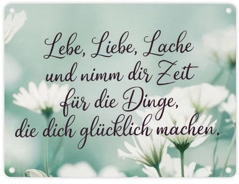 Lebe Liebe Lache - Glücklich sein Metallschild in 15x20 cm pastellgrünes Metallschild in 15x20 cm mit handgeschriebenem Text und Blumen