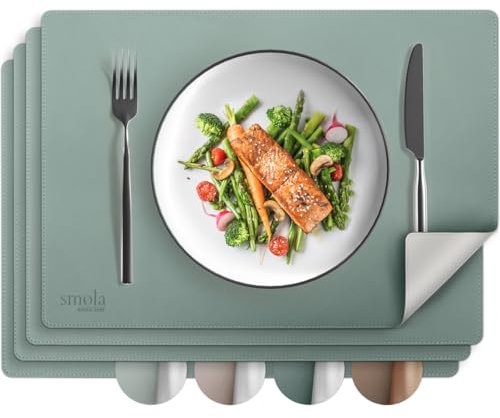 smøla Tischsets aus PU-Leder 4er Set I Platzset Abwaschbar I Platzdeckchen Set in Lederoptik I Untersetzer für Teller I Tischunterlage Esstisch I Tischdeko Frühling, Grün/Grau