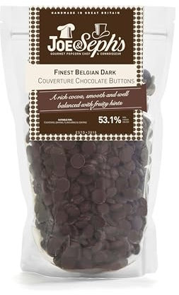 Joe & Sephs Finest Belgian Dark Chocolate Buttons (800g), Finest Couverture Belgian Dark Chocolate Buttons, 53.1% of Cocoa, Perfect for Chocolate Fountains, Desserts, Baking, Glazing and More